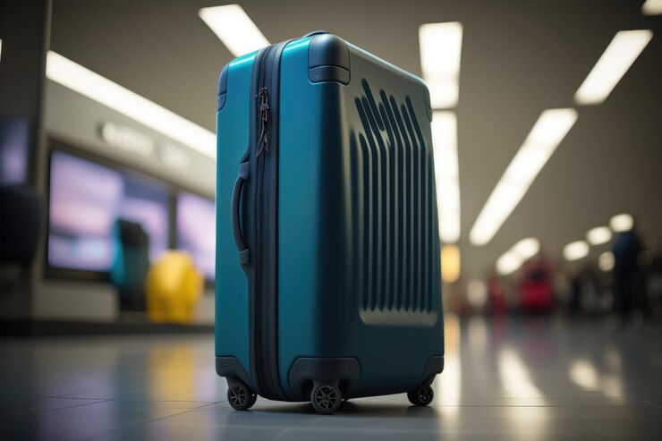 a blue wheeled suitcase