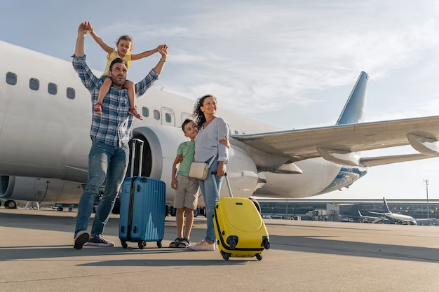A family of 4 standing in front of an airplane