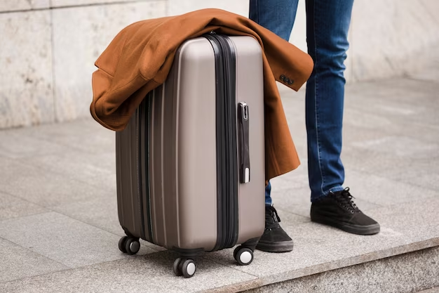 Man standing next to a hand luggage suitcase